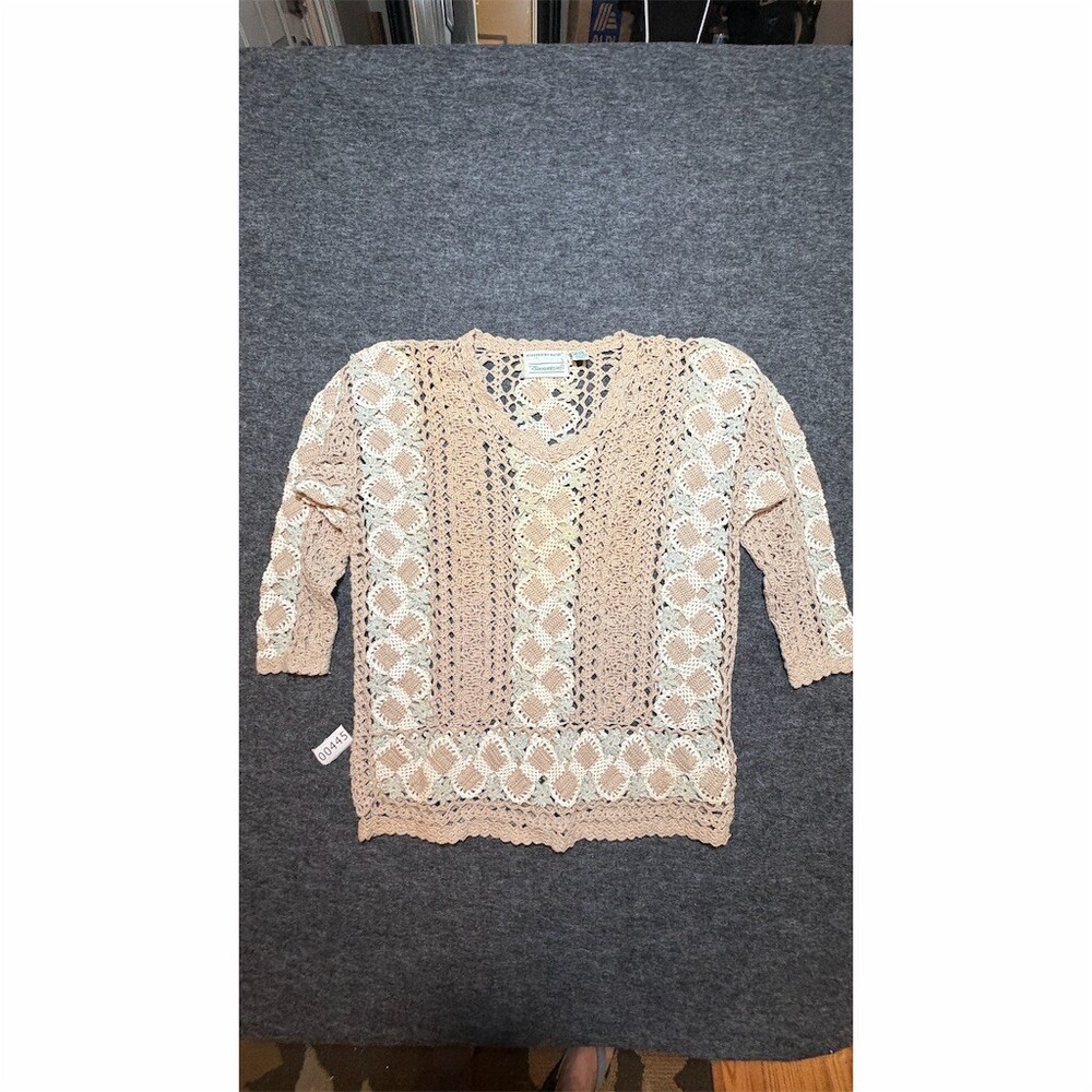 Shenanigans Sweater Womens M Beige Cream Striped V-Neck 3/4 Sleeve Vintage